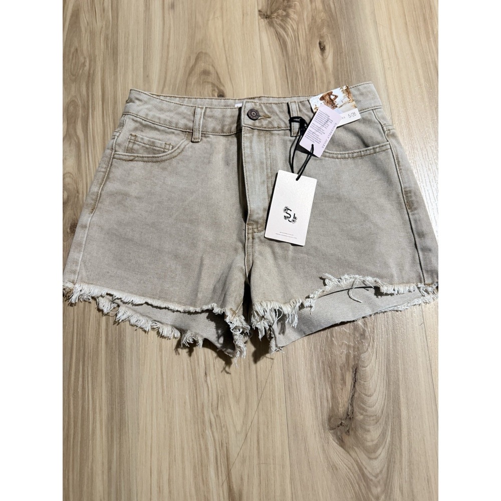 Sincerely Jules Women Tan Denim Cutoff Shorts High Rise Frayed Hem Size 5/26 Nwt